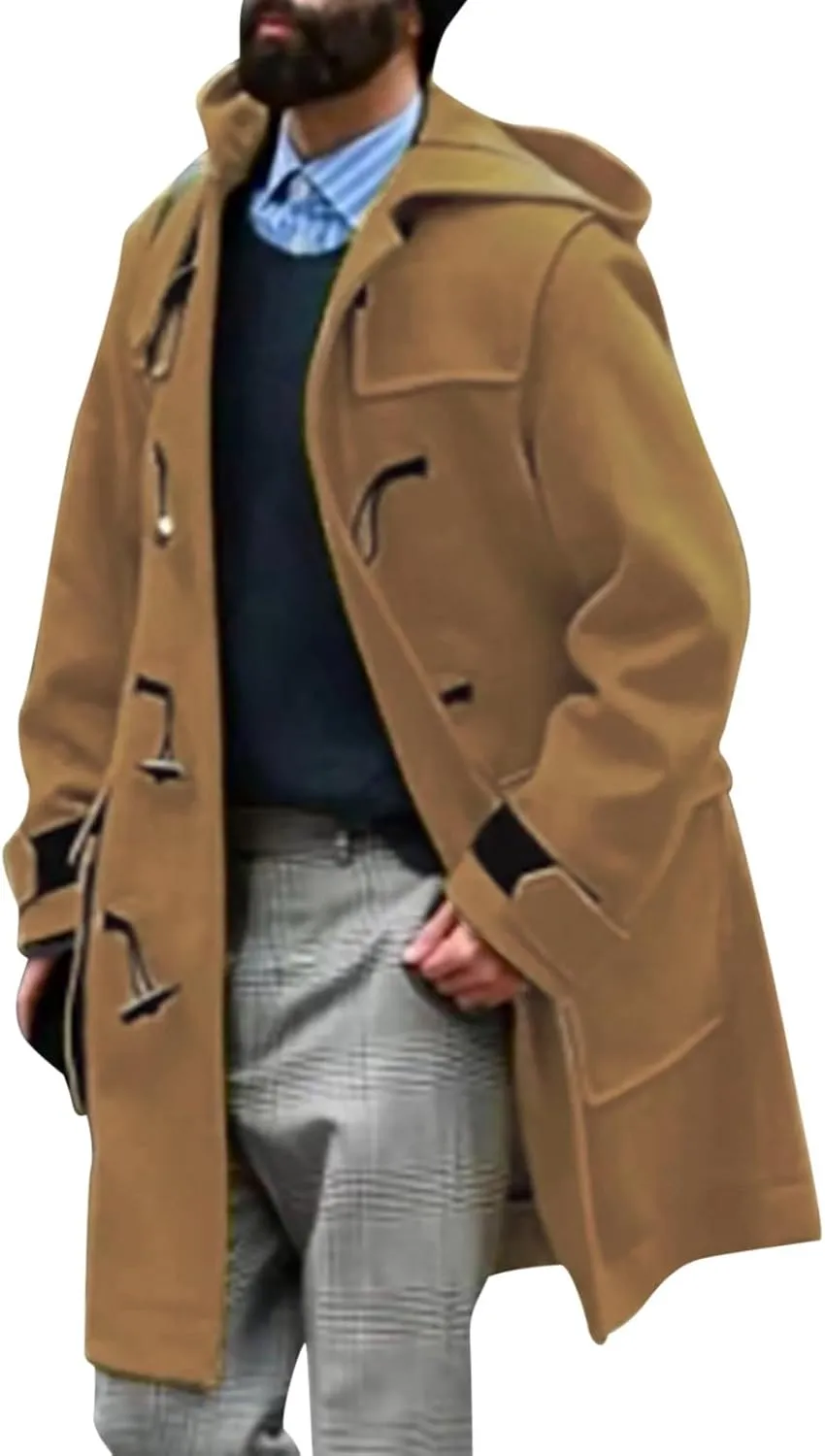 2024 New Men's Trench Coat Slim fit Double Breasted Belted Windbreaker Lapel Long Jacket Casual Windproof Overcoat