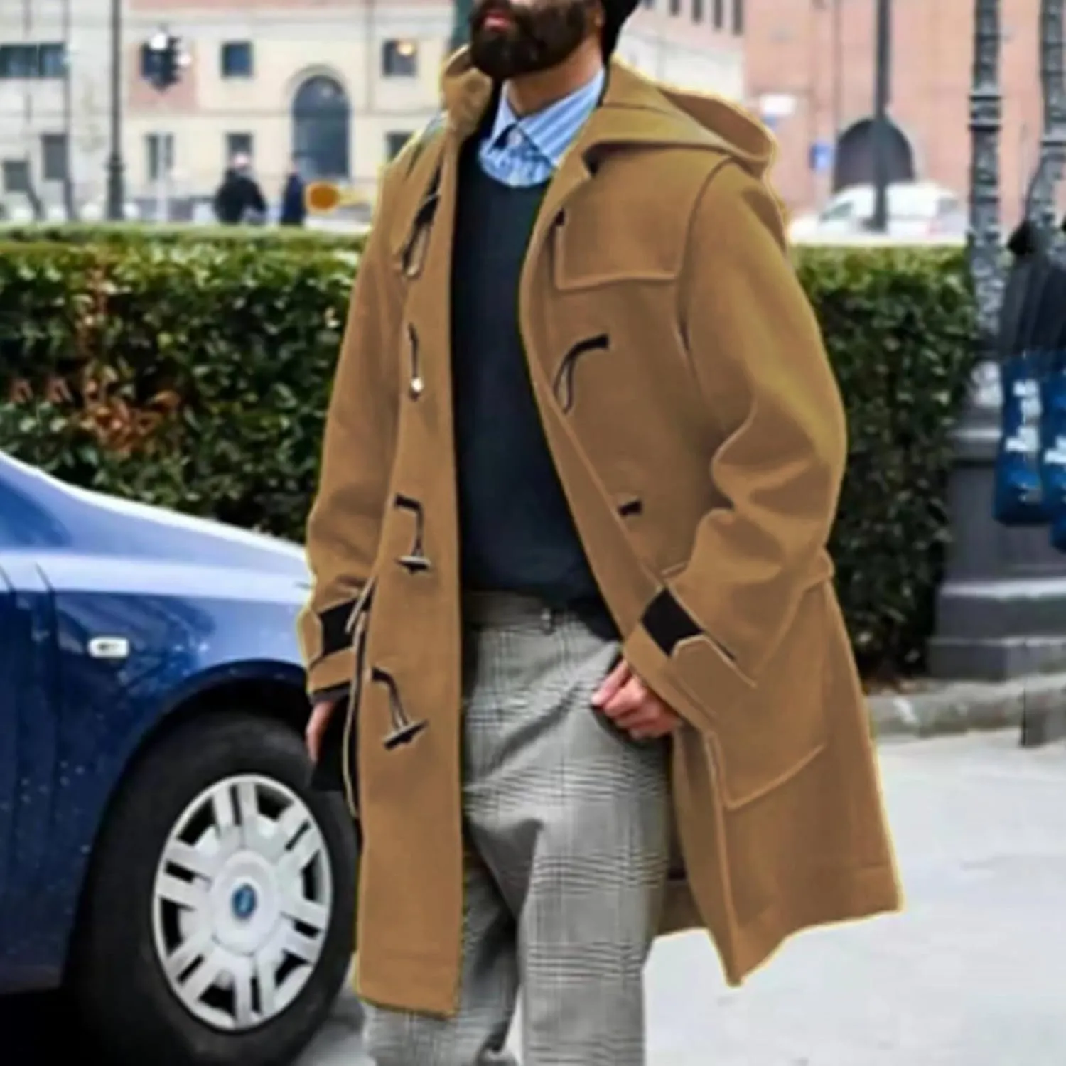 2024 New Men's Trench Coat Slim fit Double Breasted Belted Windbreaker Lapel Long Jacket Casual Windproof Overcoat