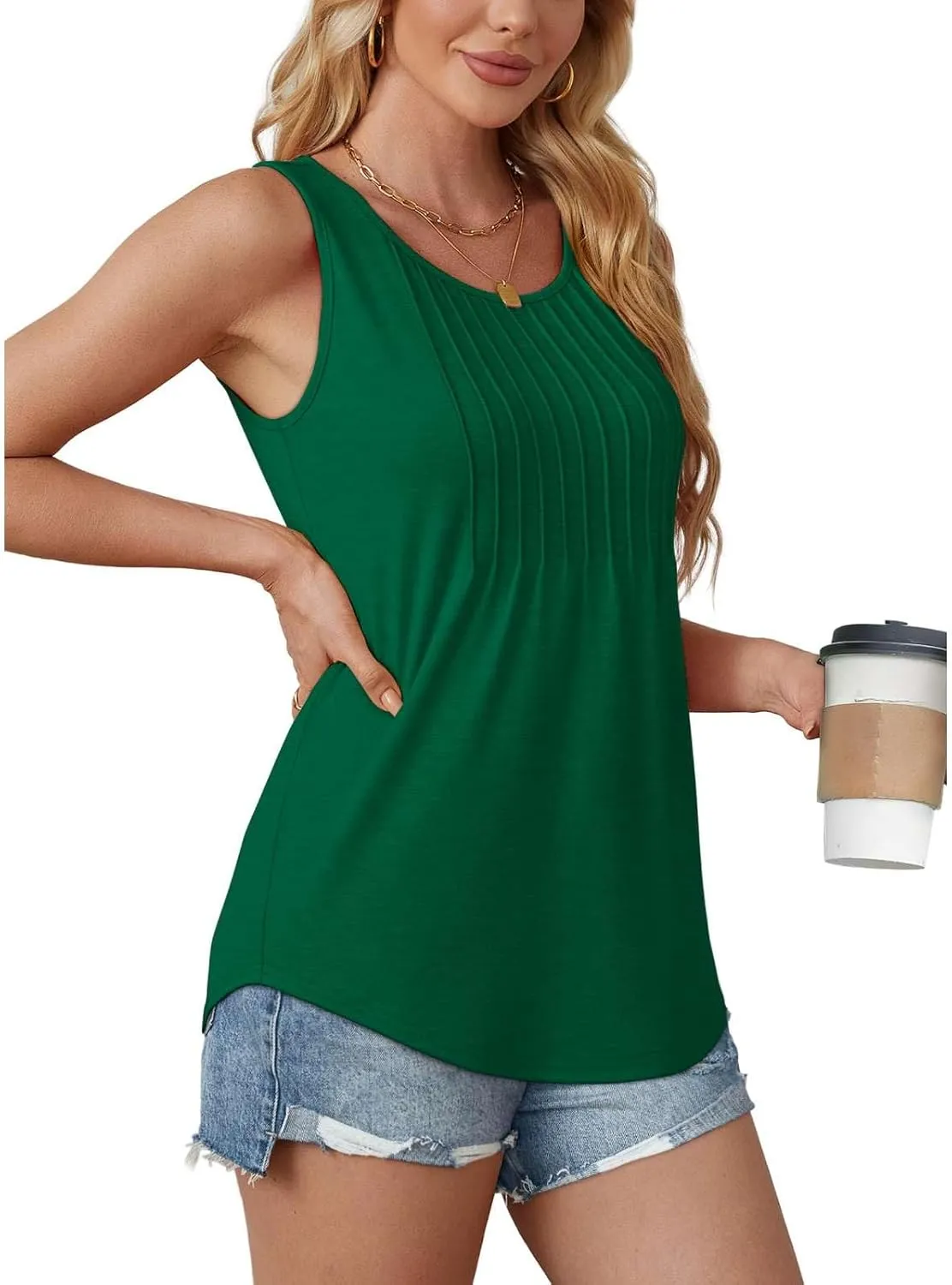 2025 Women's Summer Tank Tops Dressy Casual Sleeveless Holiday Shirts Loose Fit Pleated Front Plus Size Tunic Blouses