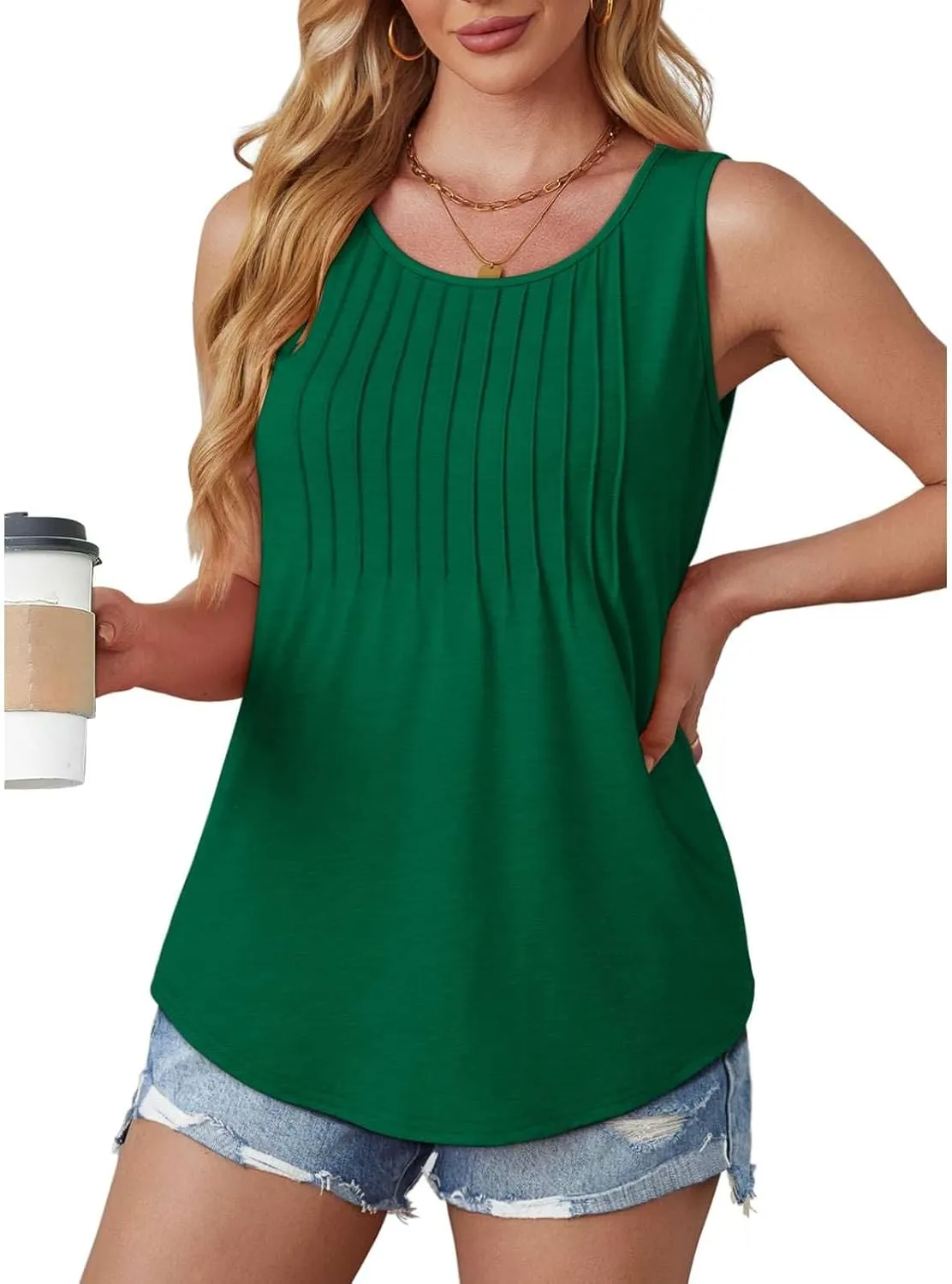 2025 Women's Summer Tank Tops Dressy Casual Sleeveless Holiday Shirts Loose Fit Pleated Front Plus Size Tunic Blouses