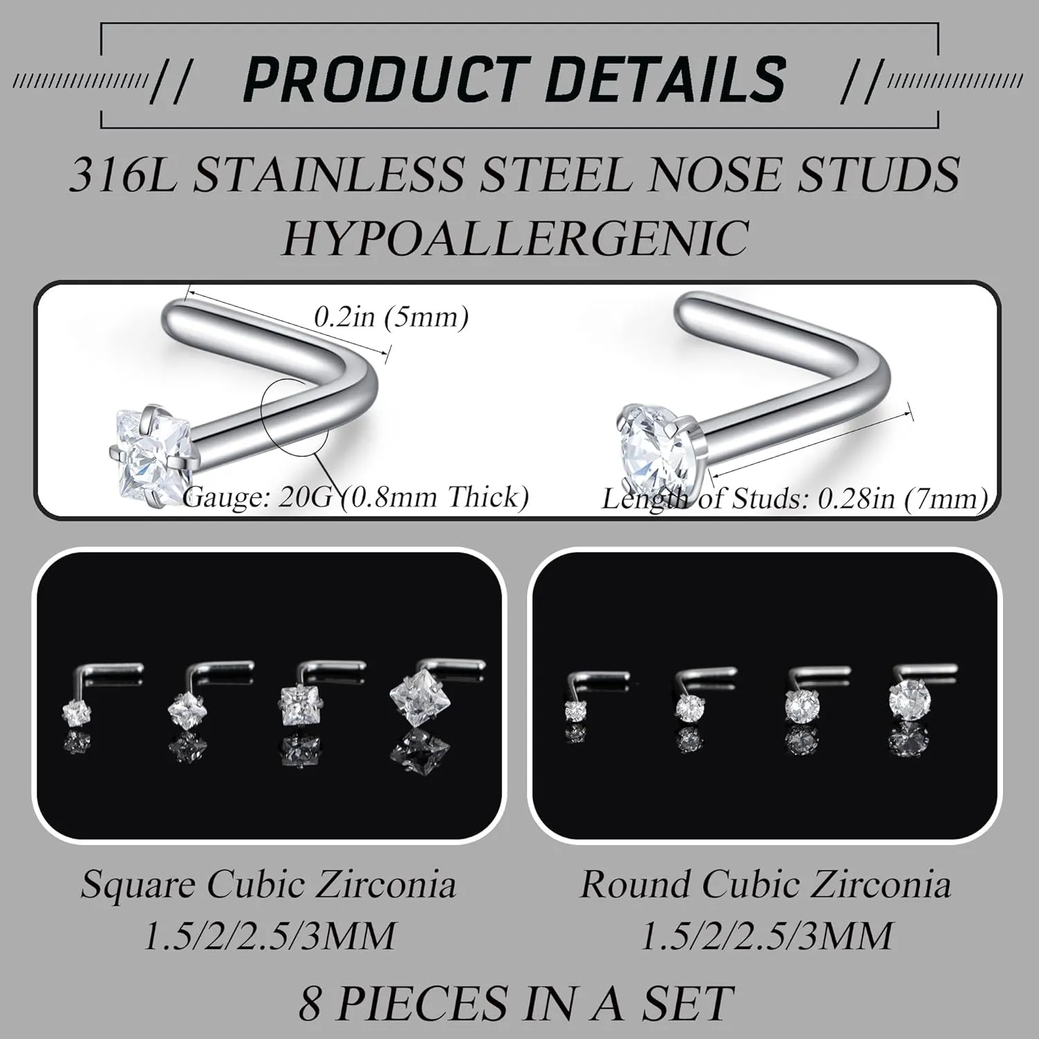 20G Nose Rings Studs Stainless Steel Nose Studs for Women Nose Piercing Jewelry