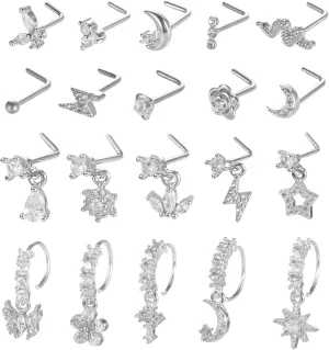 20Pcs 20G Dangle Nose Ring L Shaped Dangling Nose Stud for Women Stainless Steel Nose Ring Studs CZ Flower Dangle Nose Rings Hoops Nose Piercing Jewelry