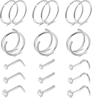 22G 18Pcs G23 Titanium Nose Rings Hoops for Sensitive Skin Double Nose Rings L Shaped Nose Studs Hypoallergenic Nose Piercings Jewelry