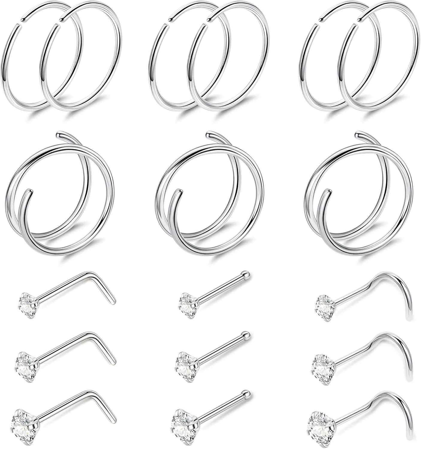 22G 18Pcs G23 Titanium Nose Rings Hoops for Sensitive Skin Double Nose Rings L Shaped Nose Studs Hypoallergenic Nose Piercings Jewelry
