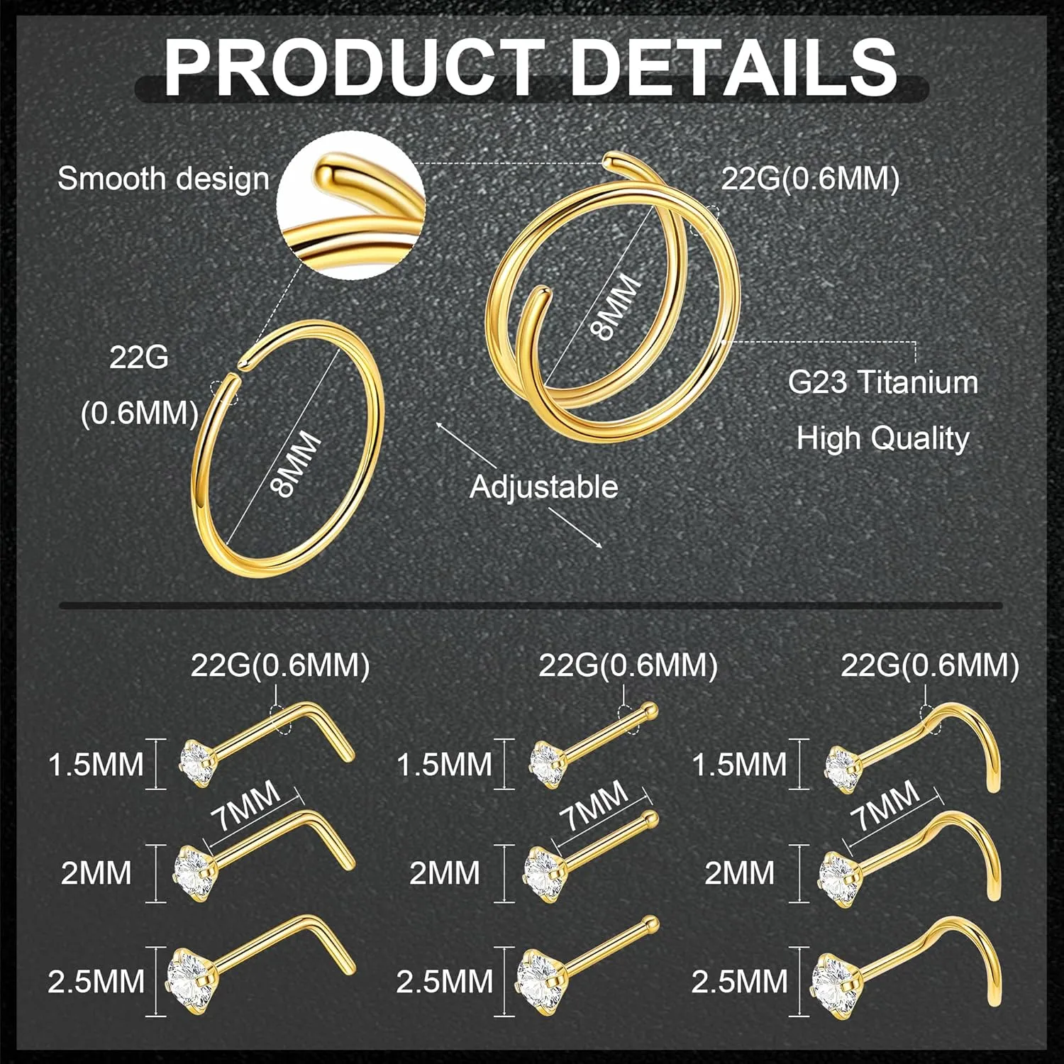 22G 18Pcs G23 Titanium Nose Rings Hoops for Sensitive Skin Double Nose Rings L Shaped Nose Studs Hypoallergenic Nose Piercings Jewelry