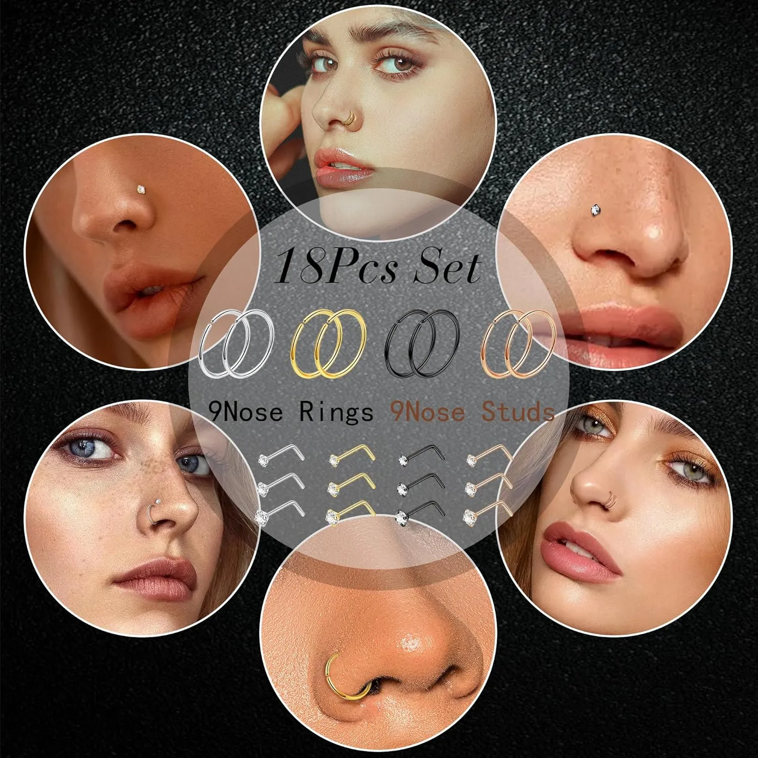 22G 18Pcs G23 Titanium Nose Rings Hoops for Sensitive Skin Double Nose Rings L Shaped Nose Studs Hypoallergenic Nose Piercings Jewelry