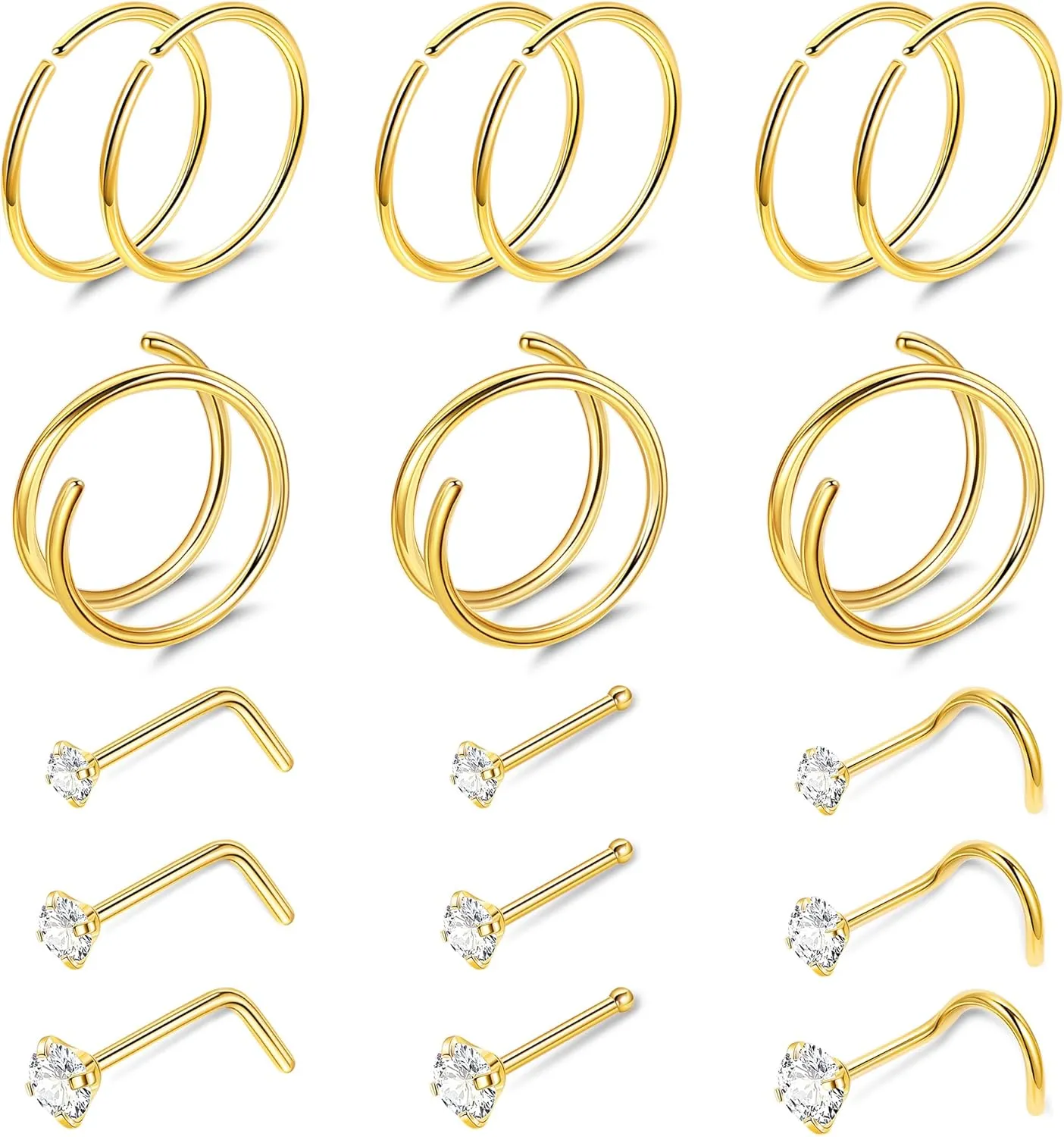22G 18Pcs G23 Titanium Nose Rings Hoops for Sensitive Skin Double Nose Rings L Shaped Nose Studs Hypoallergenic Nose Piercings Jewelry