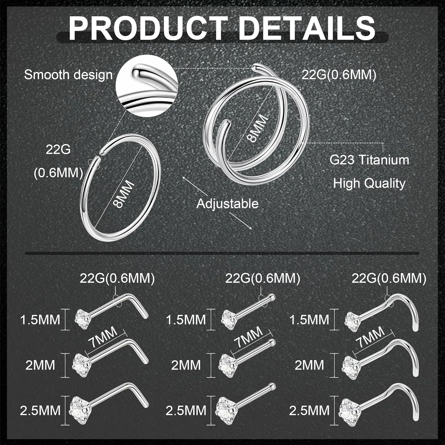 22G 18Pcs G23 Titanium Nose Rings Hoops for Sensitive Skin Double Nose Rings L Shaped Nose Studs Hypoallergenic Nose Piercings Jewelry