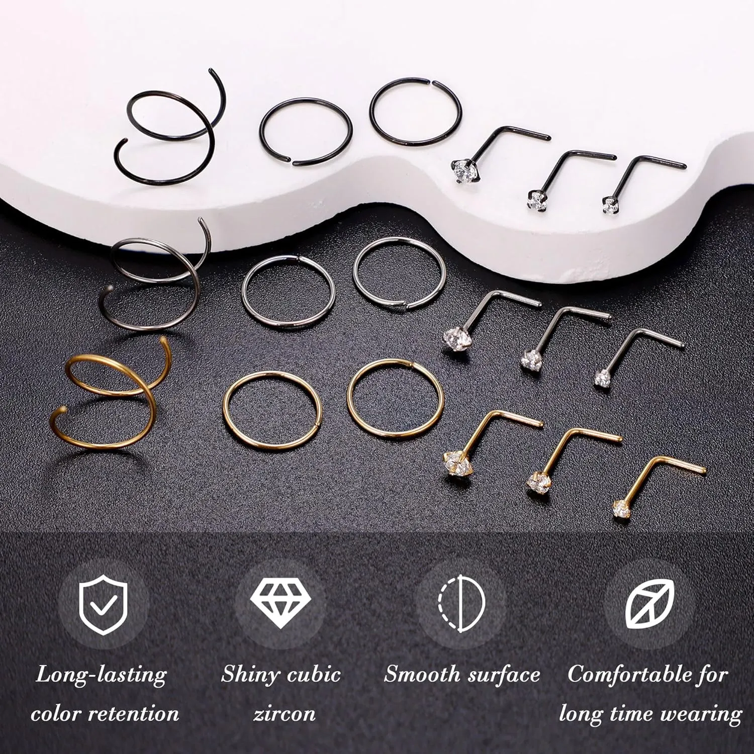 22G 18Pcs G23 Titanium Nose Rings Hoops for Sensitive Skin Double Nose Rings L Shaped Nose Studs Hypoallergenic Nose Piercings Jewelry
