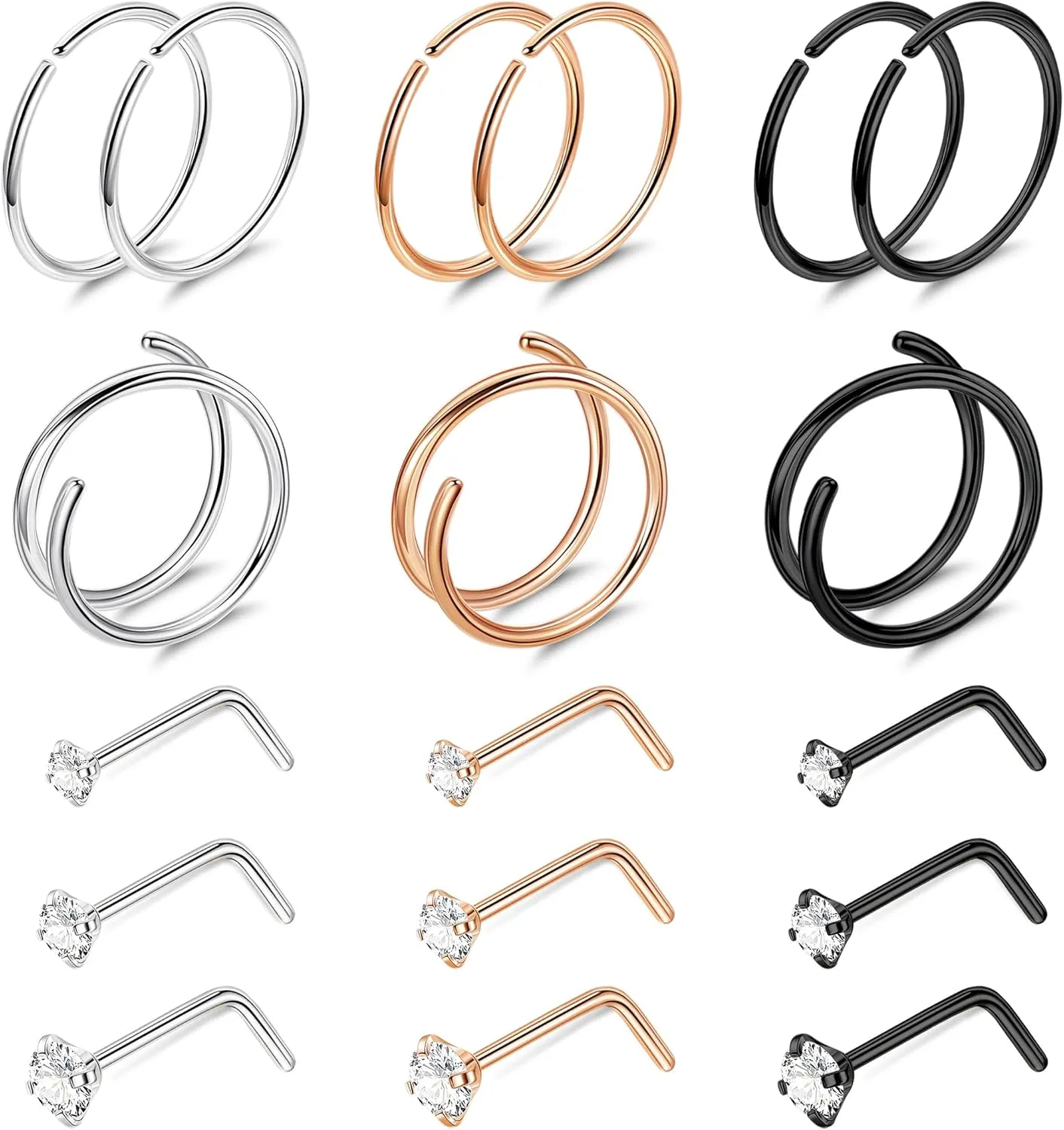 22G 18Pcs G23 Titanium Nose Rings Hoops for Sensitive Skin Double Nose Rings L Shaped Nose Studs Hypoallergenic Nose Piercings Jewelry