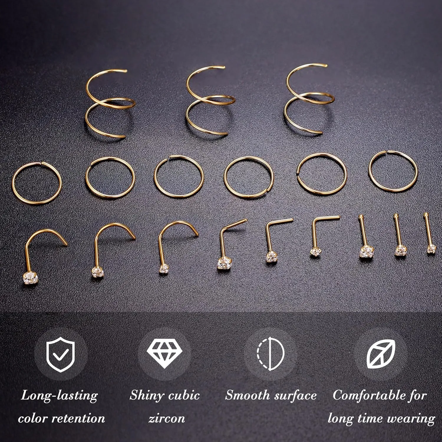 22G 18Pcs G23 Titanium Nose Rings Hoops for Sensitive Skin Double Nose Rings L Shaped Nose Studs Hypoallergenic Nose Piercings Jewelry