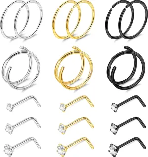 22G 18Pcs G23 Titanium Nose Rings Hoops for Sensitive Skin Double Nose Rings L Shaped Nose Studs Hypoallergenic Nose Piercings Jewelry
