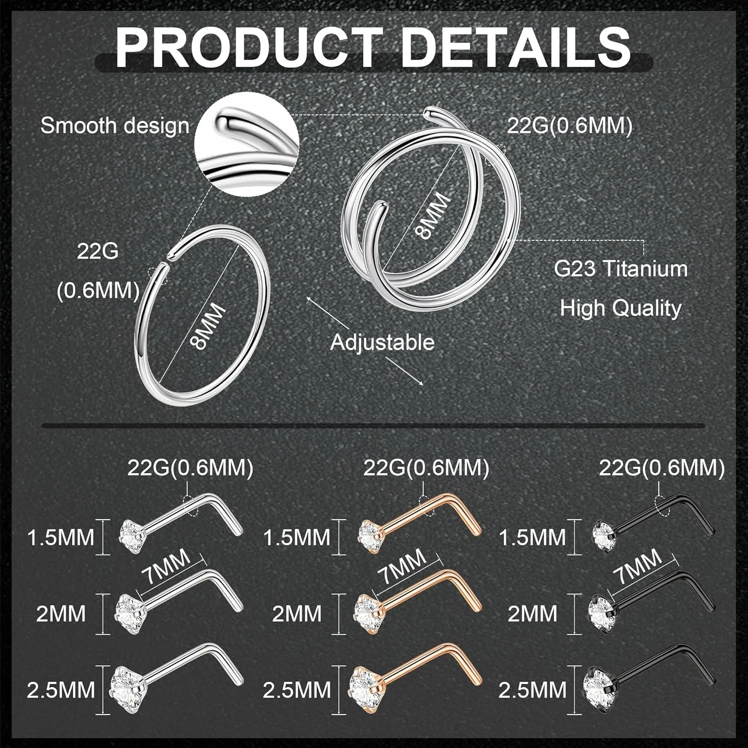 22G 18Pcs G23 Titanium Nose Rings Hoops for Sensitive Skin Double Nose Rings L Shaped Nose Studs Hypoallergenic Nose Piercings Jewelry
