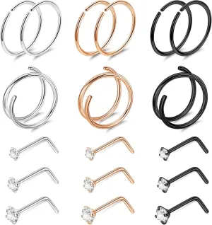 22G 18Pcs G23 Titanium Nose Rings Hoops for Sensitive Skin Double Nose Rings L Shaped Nose Studs Hypoallergenic Nose Piercings Jewelry