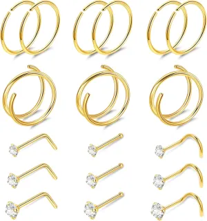 22G 18Pcs G23 Titanium Nose Rings Hoops for Sensitive Skin Double Nose Rings L Shaped Nose Studs Hypoallergenic Nose Piercings Jewelry