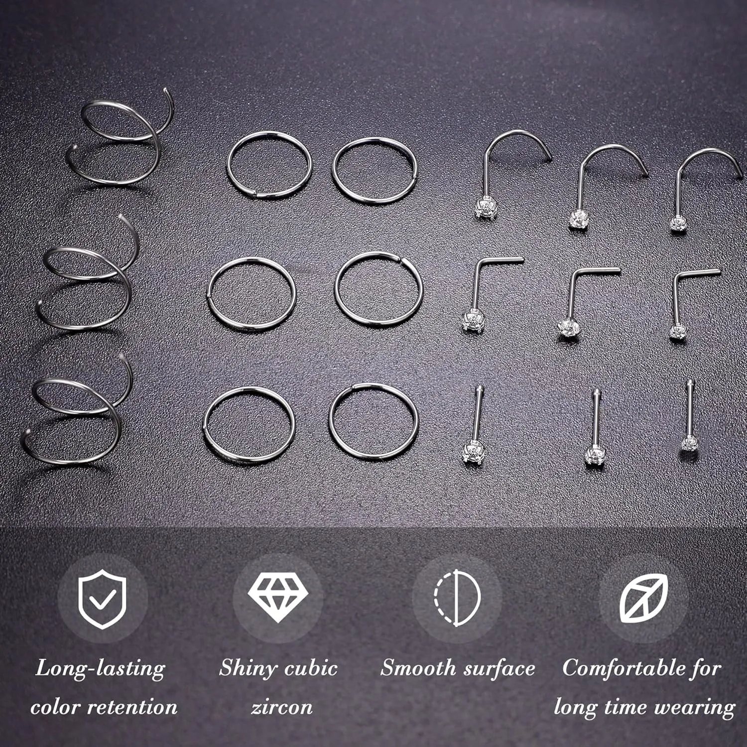 22G 18Pcs G23 Titanium Nose Rings Hoops for Sensitive Skin Double Nose Rings L Shaped Nose Studs Hypoallergenic Nose Piercings Jewelry