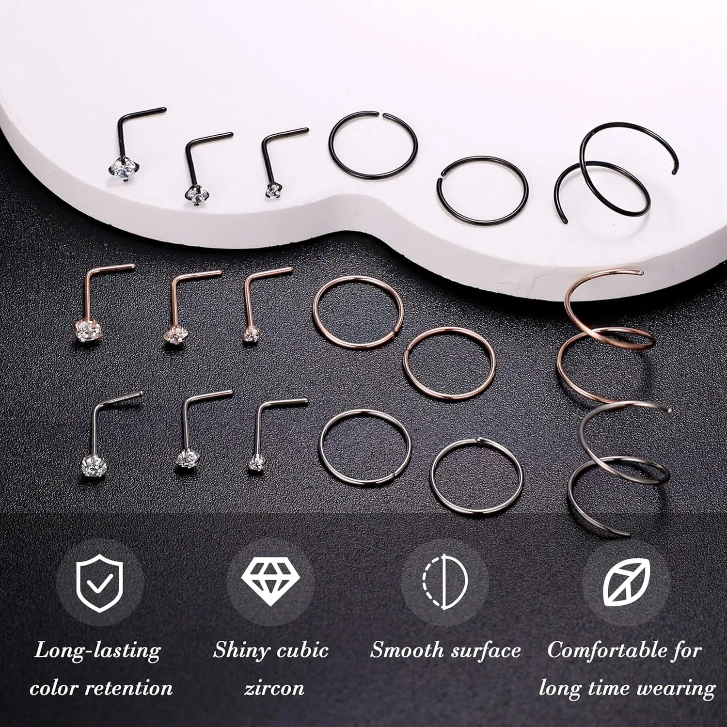 22G 18Pcs G23 Titanium Nose Rings Hoops for Sensitive Skin Double Nose Rings L Shaped Nose Studs Hypoallergenic Nose Piercings Jewelry
