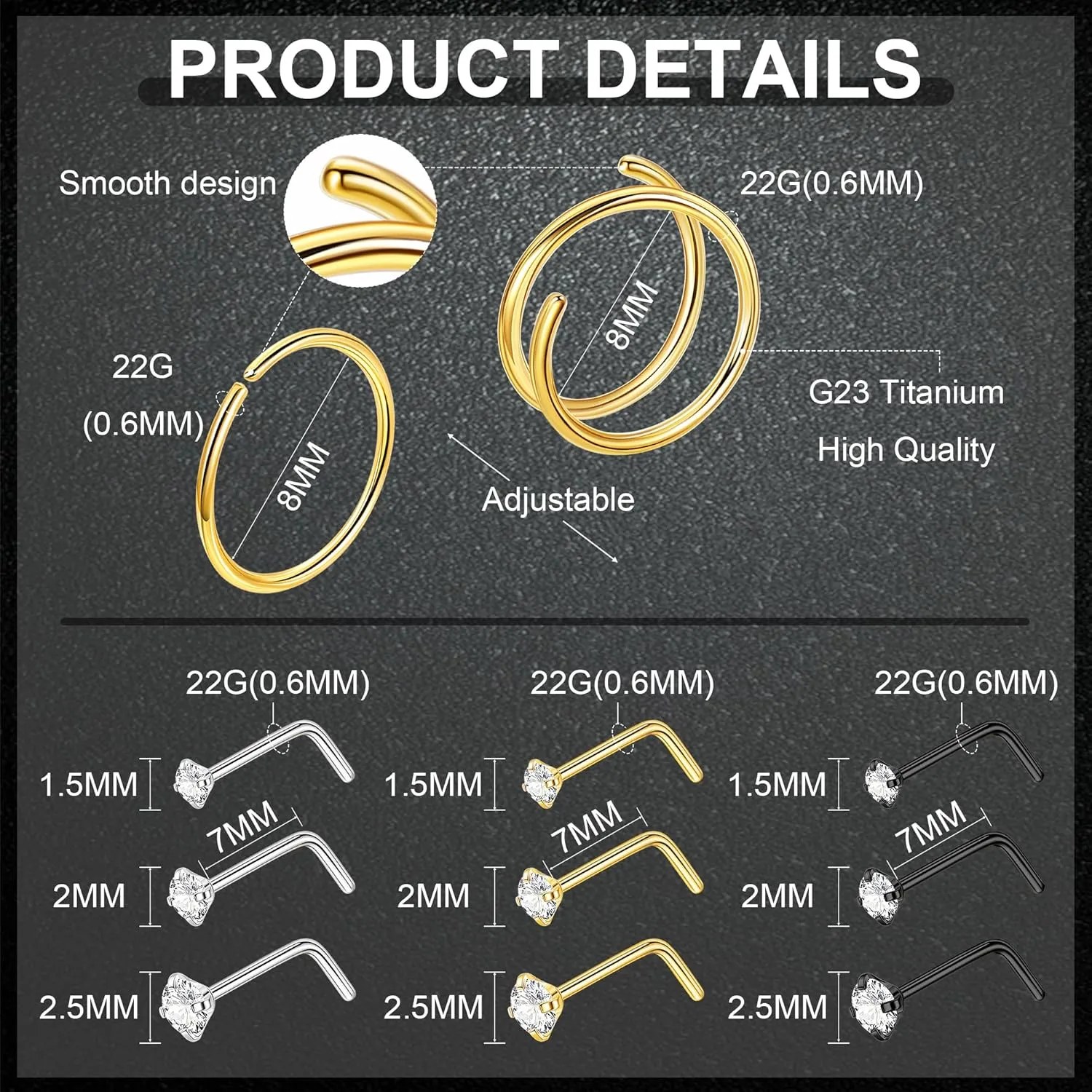 22G 18Pcs G23 Titanium Nose Rings Hoops for Sensitive Skin Double Nose Rings L Shaped Nose Studs Hypoallergenic Nose Piercings Jewelry