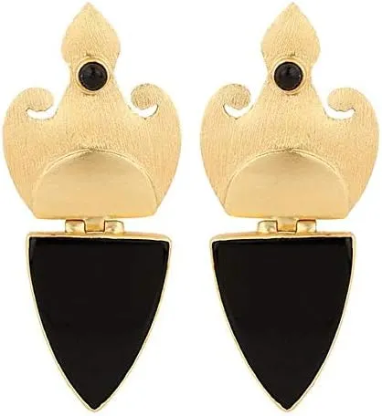 22K Matte Gold Plated Black Onyx Gemstone Unusual Post Dangle Earrings
