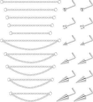 22Pcs 20G Surgical Steel Nose Ring Chain Nose Ring Stud for Women Men Double Nose Chain Piercing Across Nose Spike Ball CZ Nose Studs Nostril Piercing Jewelry