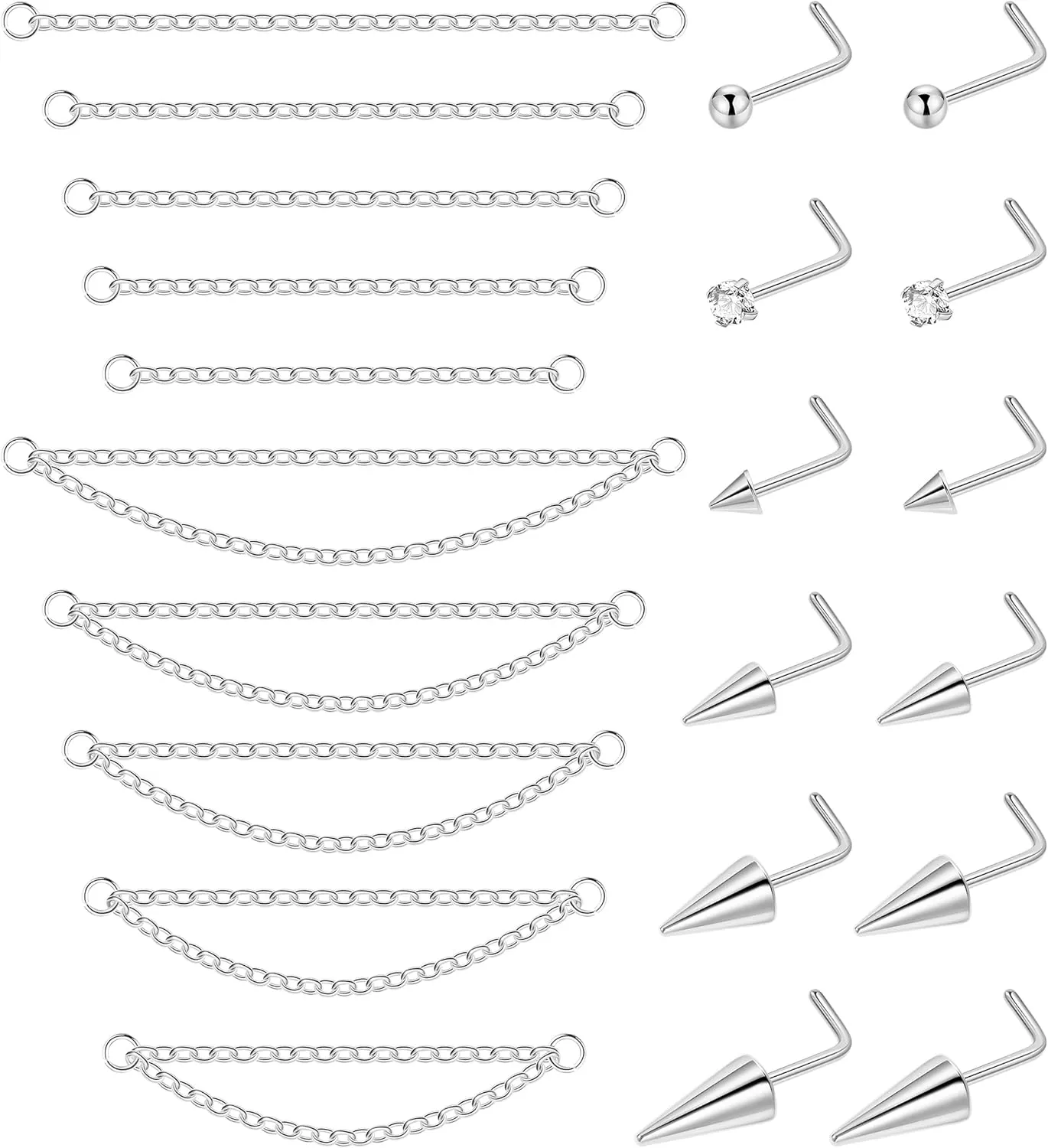 22Pcs 20G Surgical Steel Nose Ring Chain Nose Ring Stud for Women Men Double Nose Chain Piercing Across Nose Spike Ball CZ Nose Studs Nostril Piercing Jewelry