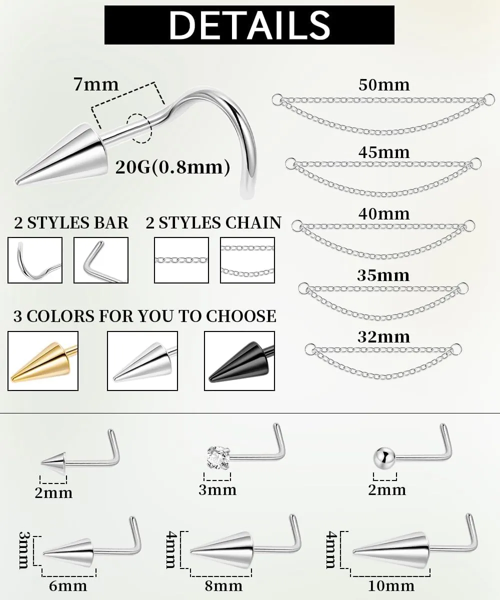 22Pcs 20G Surgical Steel Nose Ring Chain Nose Ring Stud for Women Men Double Nose Chain Piercing Across Nose Spike Ball CZ Nose Studs Nostril Piercing Jewelry
