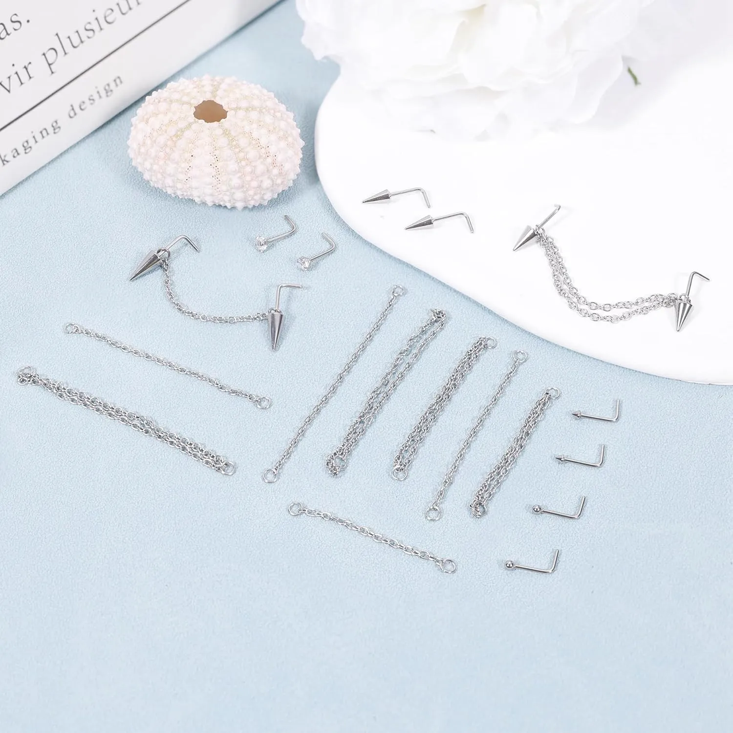 22Pcs 20G Surgical Steel Nose Ring Chain Nose Ring Stud for Women Men Double Nose Chain Piercing Across Nose Spike Ball CZ Nose Studs Nostril Piercing Jewelry