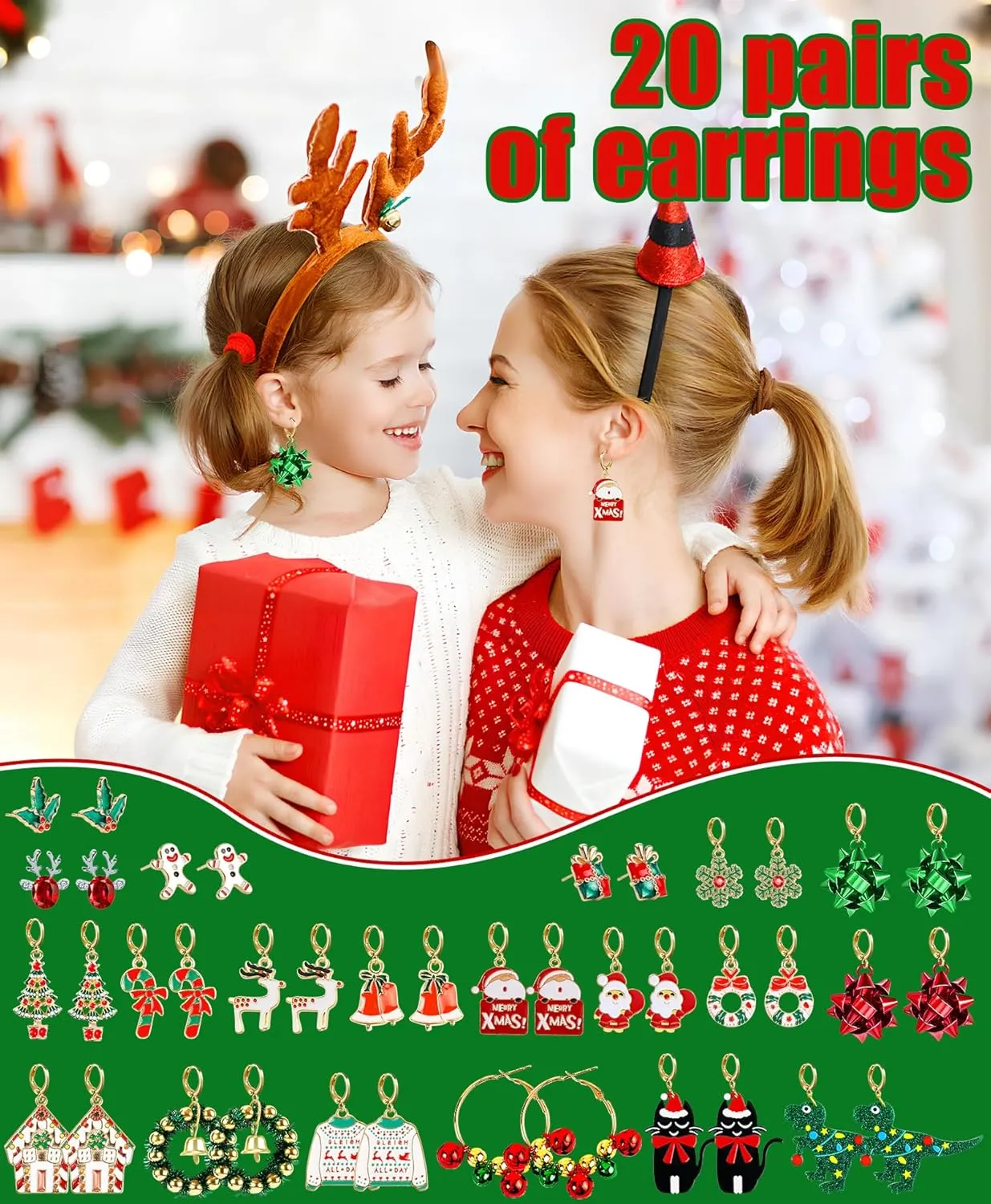 23 Pairs Christmas Earrings for Women Xmas Holiday Dangle Earrings Christmas Stud Tree Snowflake Bow Bells Light Earrings Bulk Cute Christmas Party Jewelry Gifts