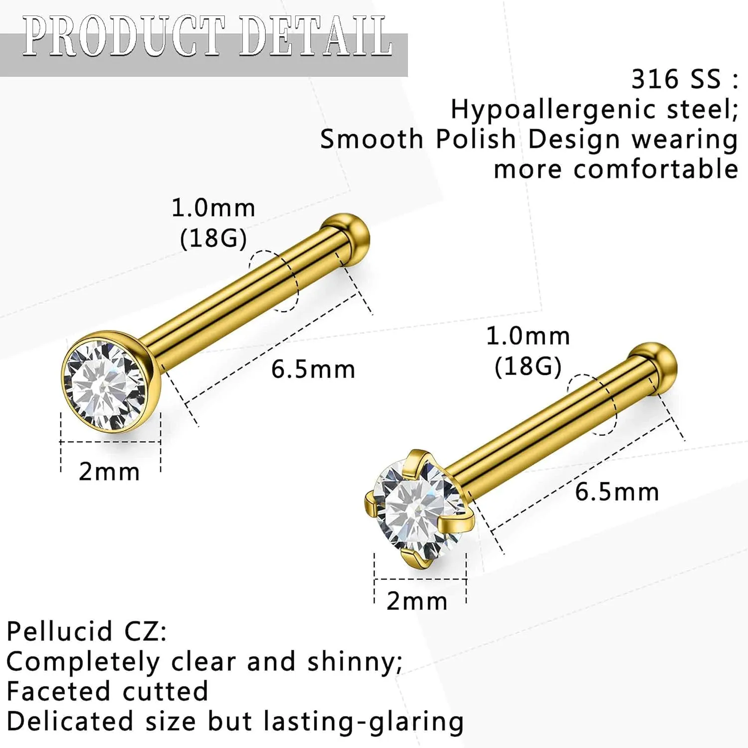 24G 22G 20G 18G Nose Rings Studs Piercing Jewelry For Women Men 316L Stainless Surgical Steel Nose Rings Studs Nostrial Piercing Jewelry for Women Men Diamond CZ 2mm Silver Black Gold