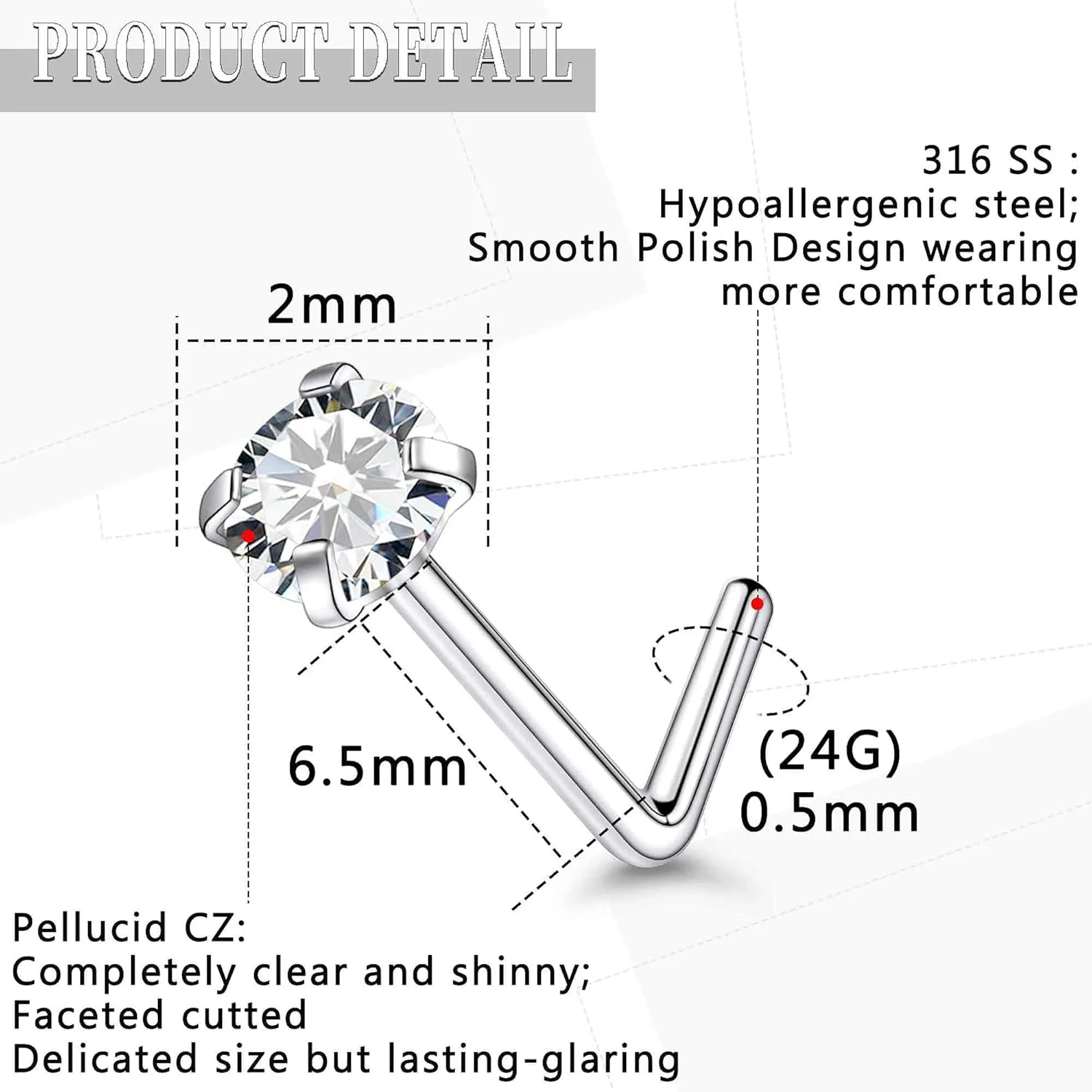 24G 22G 20G 18G Nose Rings Studs Piercing Jewelry For Women Men 316L Surgical Steel 14K Gold Filled L Shaped Nose Rings Studs Nostrial Piercing Jewelry for Women Men Diamond CZ 2mm 3mm