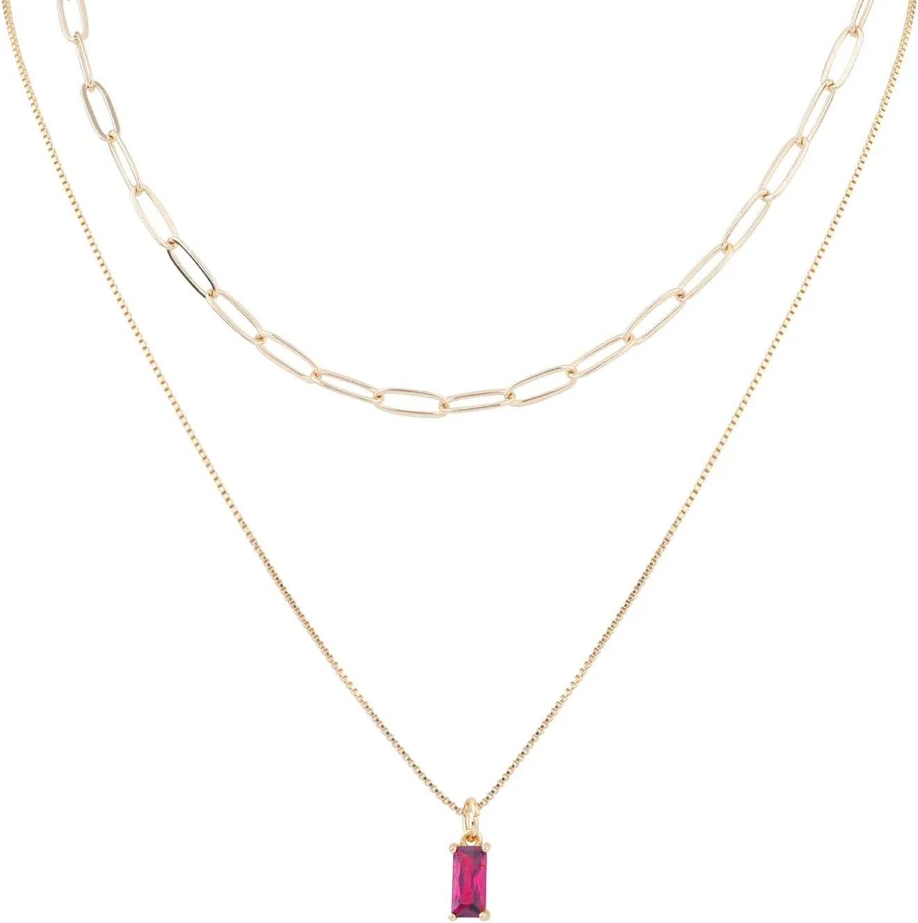 2pcs Gold Charm Necklaces for Women, No Fade Zircon Birthstone Necklace and Paperclip Choker Stylish Birthday Jewelry Gift