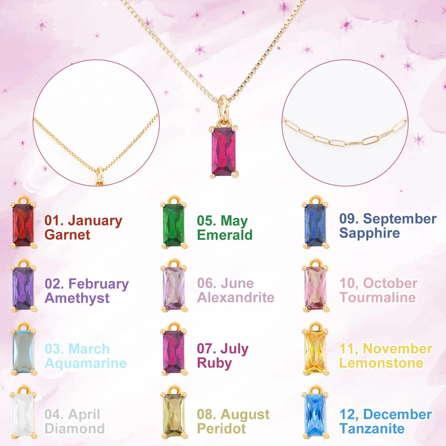 2pcs Gold Charm Necklaces for Women, No Fade Zircon Birthstone Necklace and Paperclip Choker Stylish Birthday Jewelry Gift