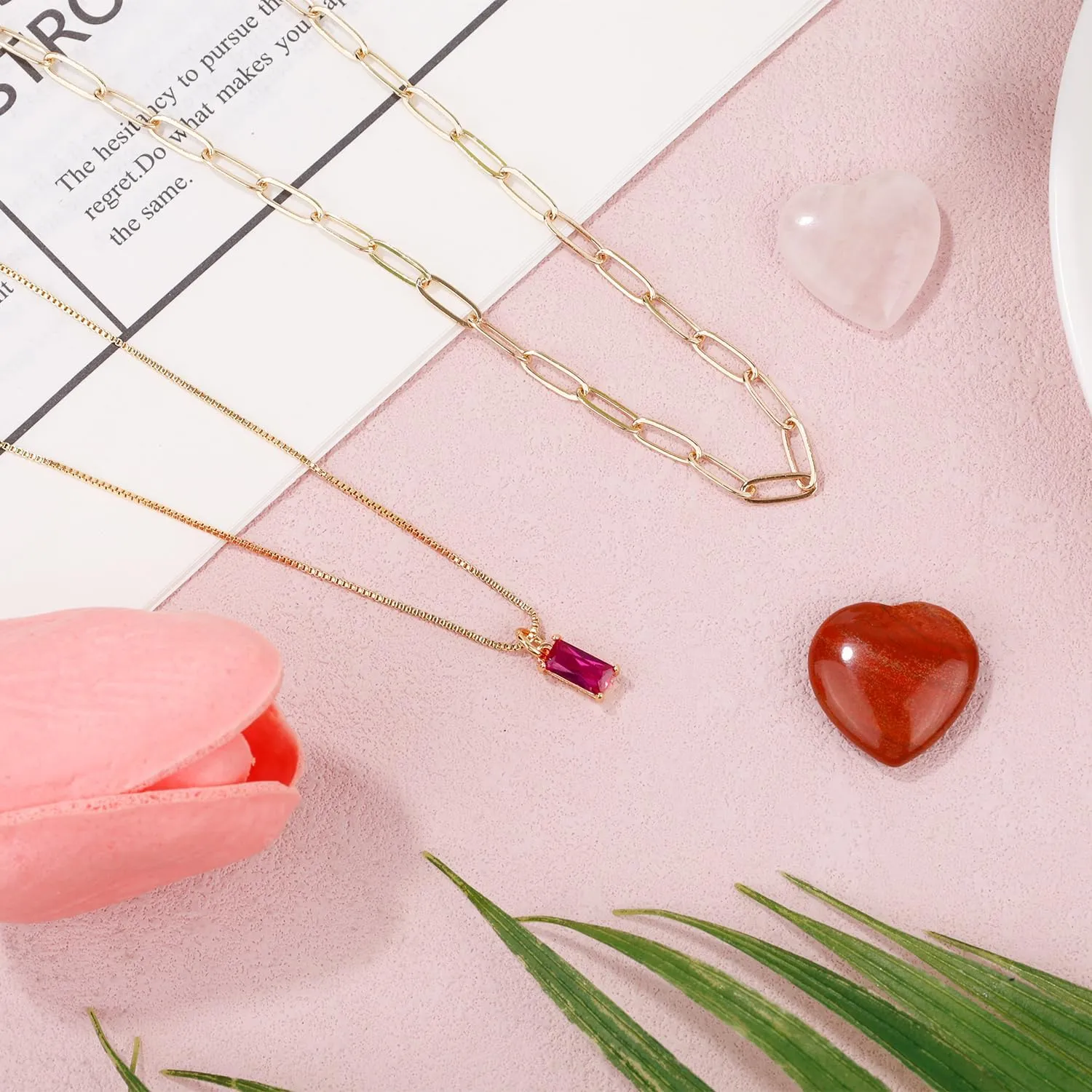 2pcs Gold Charm Necklaces for Women, No Fade Zircon Birthstone Necklace and Paperclip Choker Stylish Birthday Jewelry Gift
