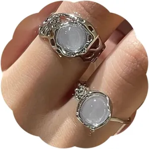 2Pcs Moonstone Rings for Women Vintage Created Opal Statement Rings Grunge Goth Chunky Rings Silver Adjustable Open Ring Set Fashion Stacking Knuckle Ring Trendy Birthday Christmas Jewelry Gift