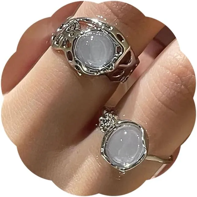 2Pcs Moonstone Rings for Women Vintage Created Opal Statement Rings Grunge Goth Chunky Rings Silver Adjustable Open Ring Set Fashion Stacking Knuckle Ring Trendy Birthday Christmas Jewelry Gift