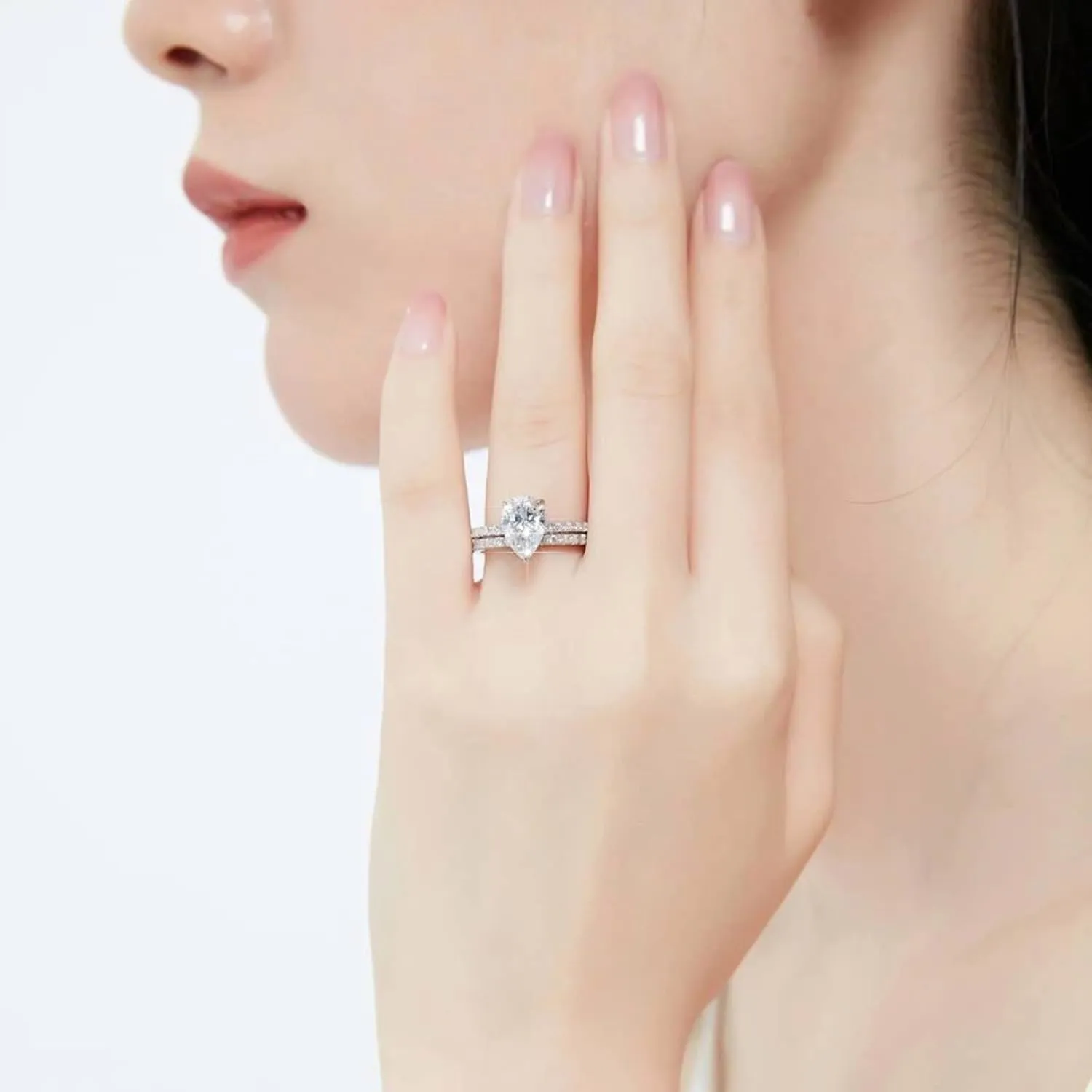 2Pcs Oval Solitaire Rings Set for Womens Inlaid Zircon Engagement Rings Rhinestone Bridal Wedding Bands Lady (Silver, 10)