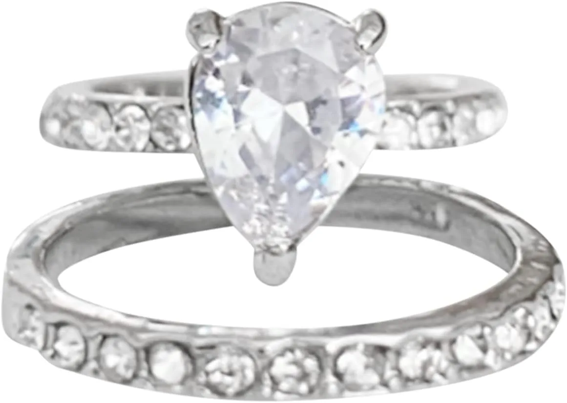 2Pcs Oval Solitaire Rings Set for Womens Inlaid Zircon Engagement Rings Rhinestone Bridal Wedding Bands Lady (Silver, 10)