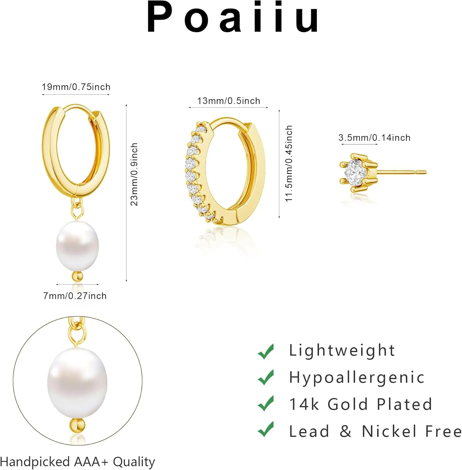 3 Pairs Gold Earrings for Women Trendy Pearl Hoop Earrings 14K Gold Huggie Earrings Set Dainty Cubic Zirconia Stud Earrings Hypoallergenic Lightweight Cartilage Earrings Jewelry for Women
