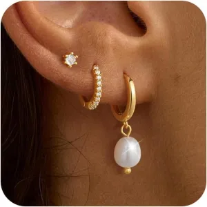 3 Pairs Gold Earrings for Women Trendy Pearl Hoop Earrings 14K Gold Huggie Earrings Set Dainty Cubic Zirconia Stud Earrings Hypoallergenic Lightweight Cartilage Earrings Jewelry for Women
