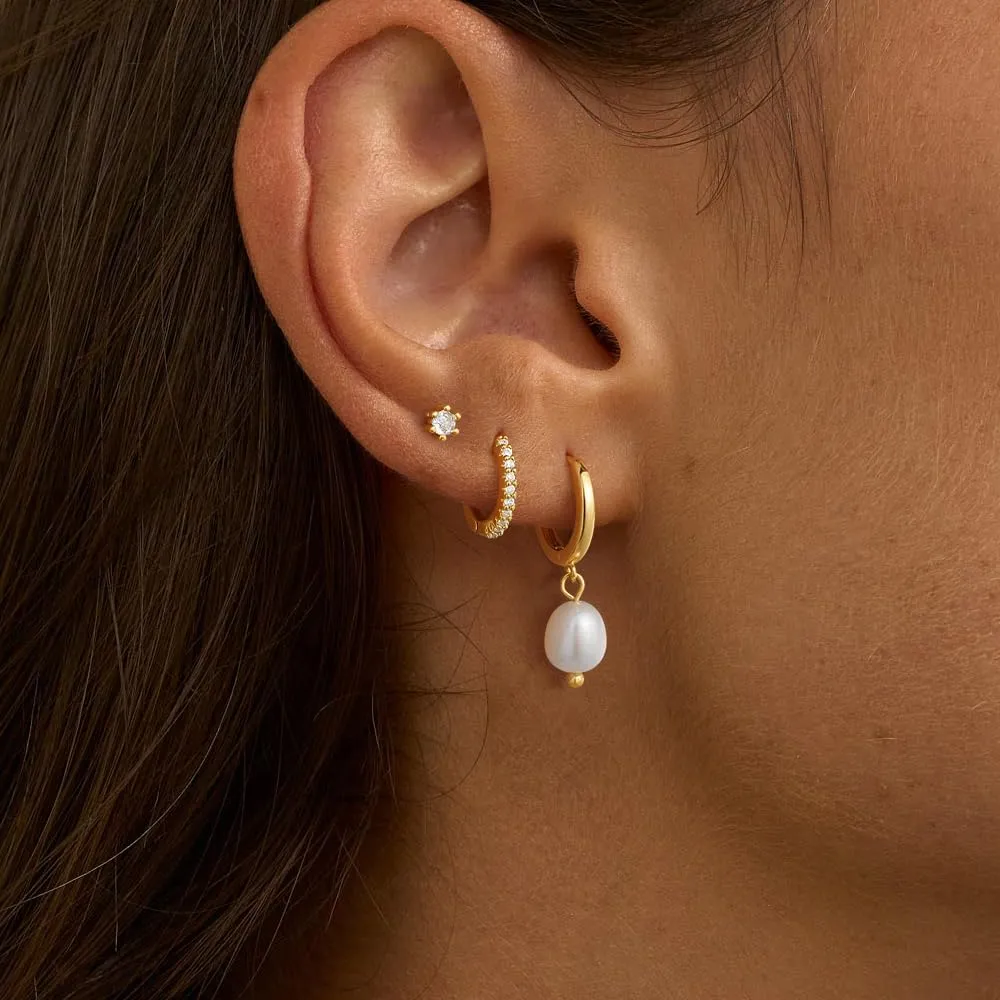 3 Pairs Gold Earrings for Women Trendy Pearl Hoop Earrings 14K Gold Huggie Earrings Set Dainty Cubic Zirconia Stud Earrings Hypoallergenic Lightweight Cartilage Earrings Jewelry for Women