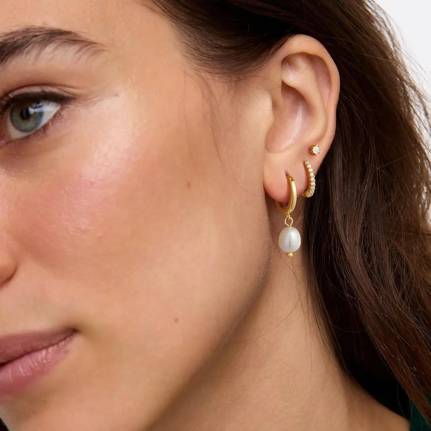 3 Pairs Gold Earrings for Women Trendy Pearl Hoop Earrings 14K Gold Huggie Earrings Set Dainty Cubic Zirconia Stud Earrings Hypoallergenic Lightweight Cartilage Earrings Jewelry for Women