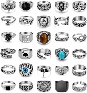 30Pcs Punk Ring for Men Women Cool Vintage Ring Silver Gothic Hippie Knuckle Ring Pack Adjustable Stackable Chunky Snake Skull Eye Ring