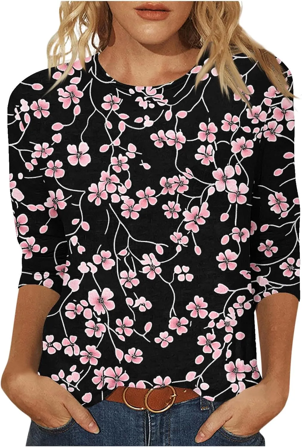 3/4 Length Sleeve Floral Printed Shirts Women's Casual 3/4 Sleeve T-Shirts 2025 Round Neck Tunic Tops Cute Basic Tees