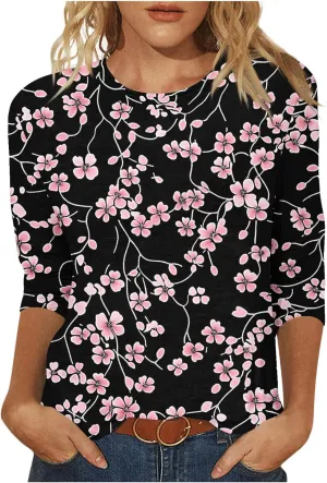 3/4 Length Sleeve Floral Printed Shirts Women's Casual 3/4 Sleeve T-Shirts 2025 Round Neck Tunic Tops Cute Basic Tees
