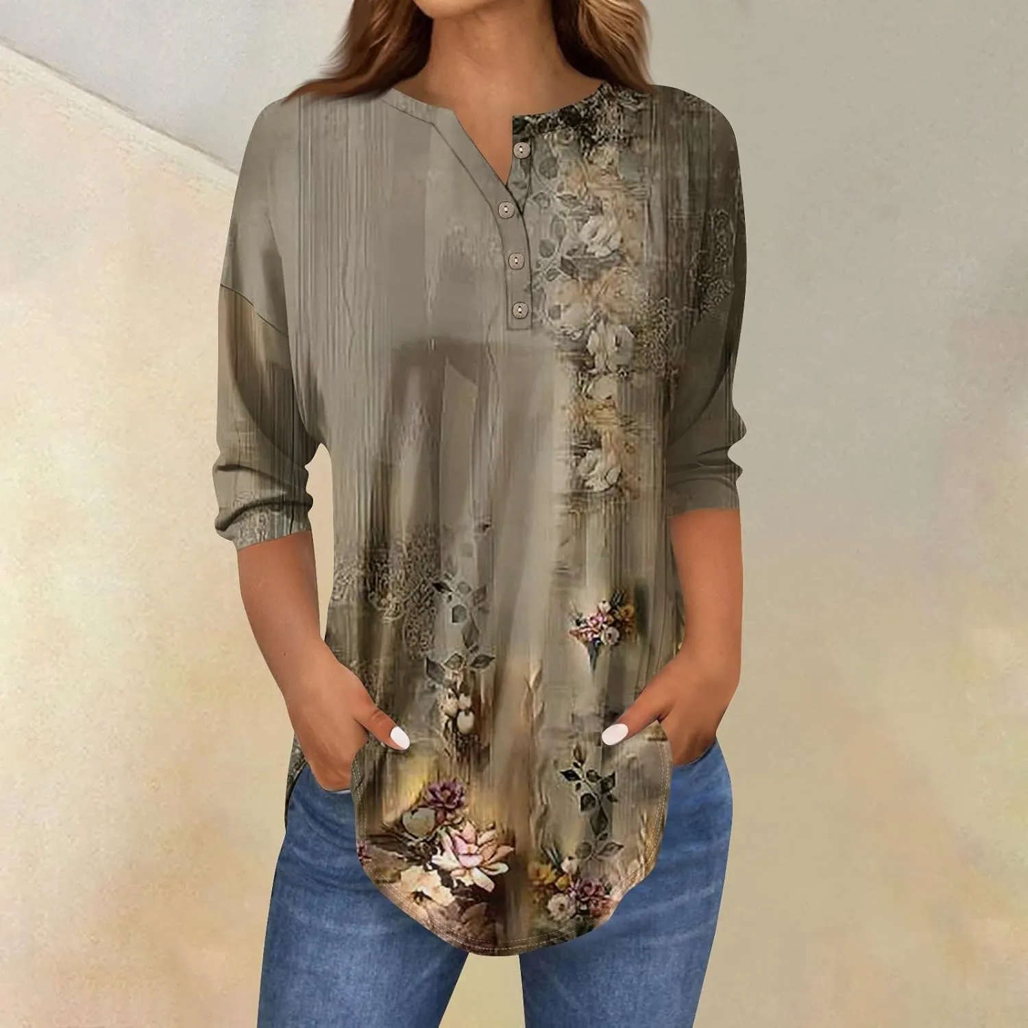3/4 Length Sleeve Womens Tops 2025 Spring Summer Henley Neck Trendy Shirts Loose Fit Dressy Casual Blouses