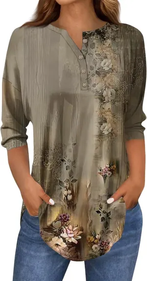 3/4 Length Sleeve Womens Tops 2025 Spring Summer Henley Neck Trendy Shirts Loose Fit Dressy Casual Blouses