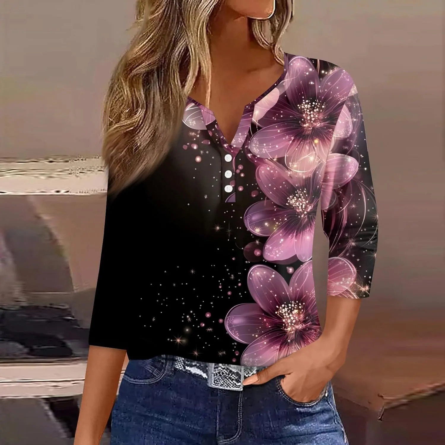 3/4 Length Sleeve Womens Tops 2025 Summer Dressy Casual V Neck T Shirts Three Quarter Length Tunic Tees for Women
