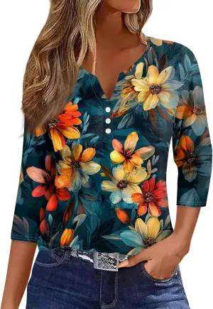 3/4 Length Sleeve Womens Tops Trendy Button Down V Neck Summer Tunics Boho Loose Fit T Shirts Dressy Casual 2025