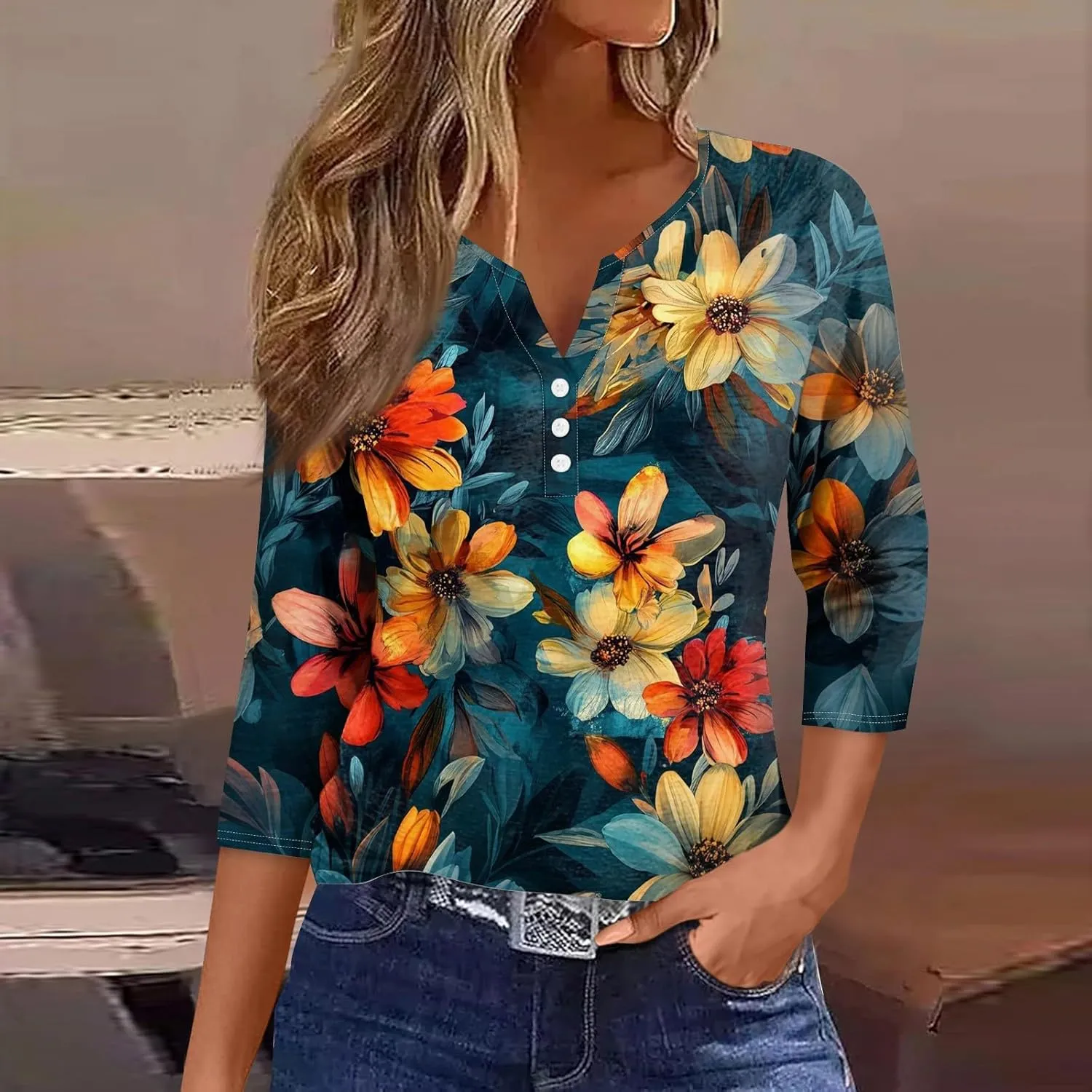 3/4 Length Sleeve Womens Tops Trendy Button Down V Neck Summer Tunics Boho Loose Fit T Shirts Dressy Casual 2025