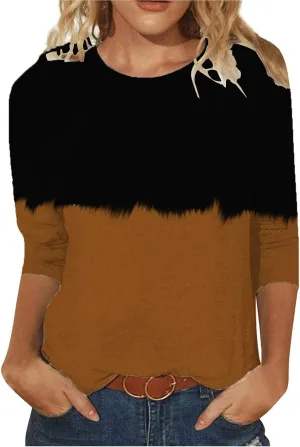 3/4 Sleeve Shirts for Women Color Block Crewneck Spring Tops 2025 Fashion Casual Blouse